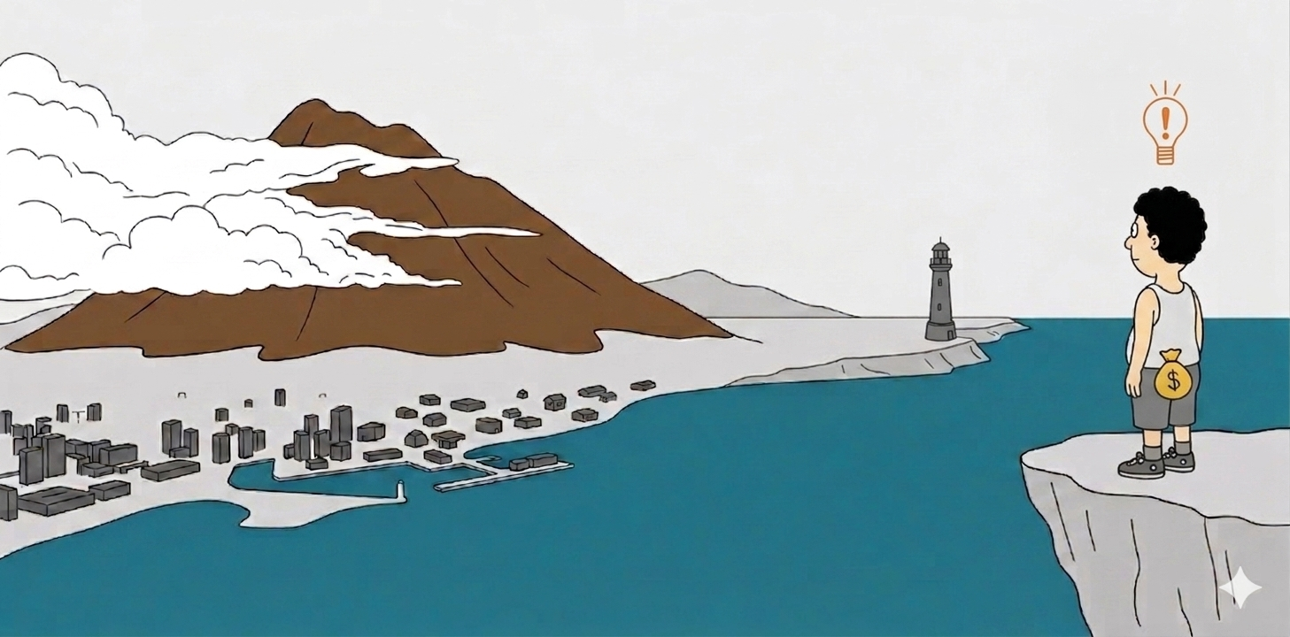 サイトマップ：山・海・プロフィール・お金・アイデアの各セクションへのリンクが描かれたイラスト